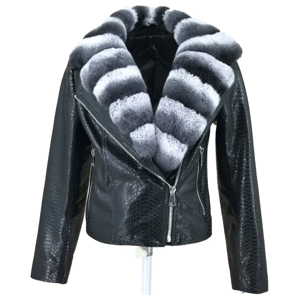 

Women Sheepskin Leather Coat With Large Real Rex rabbit Fur Collar Jacket Furry Winter Fluffy Luxury Warm Slim Fit Clothing