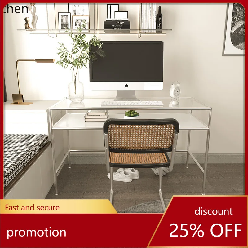 

CZ Glass Desk Modern Minimalist Office Desk Study Home Stainless Steel Metal Computer Desk