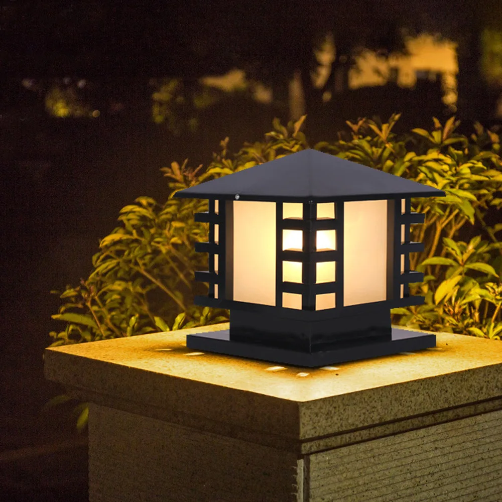 Bymaocar-Luz retro preta do pilar, luz do jardim, impermeável, pátio, lâmpada do borne da porta, dispositivo elétrico de iluminação exterior, 27x23x23cm, AC 110 V-240V