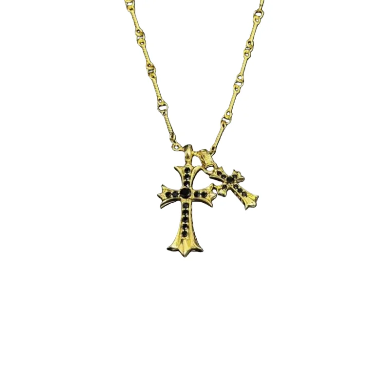 

Black Crystal-Embellished Gold-Tone Double Cross Pendant Necklace – Dark Gothic Edgy Statement Jewelry