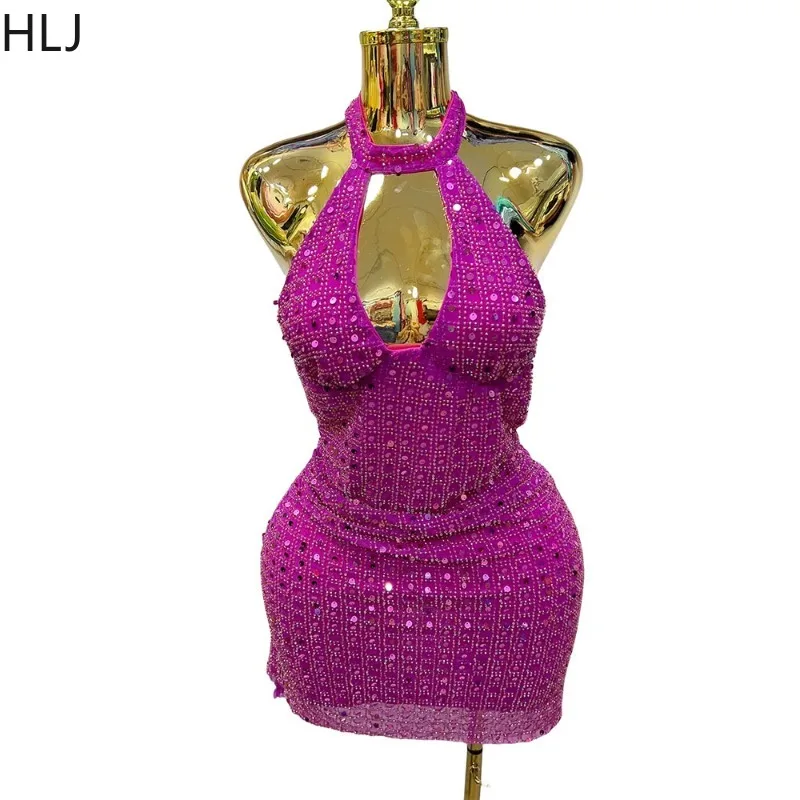 Hlj sexy strass retalhos bodycon mini vestido mulher verão novo halter sem costas vestidos femininos festa clubwear vestidos 2025