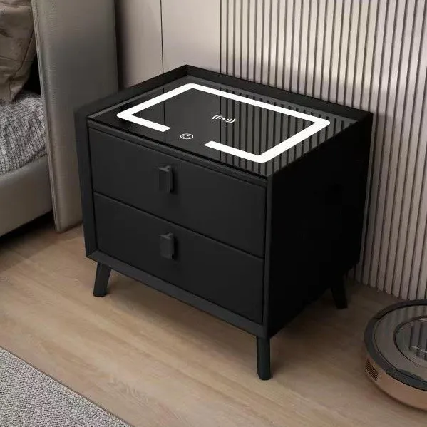 أثاث غرفة نوم خشبي حديث بجانب السرير من جلد البولي يوريثان، منضدة ذكية متعددة الوظائف