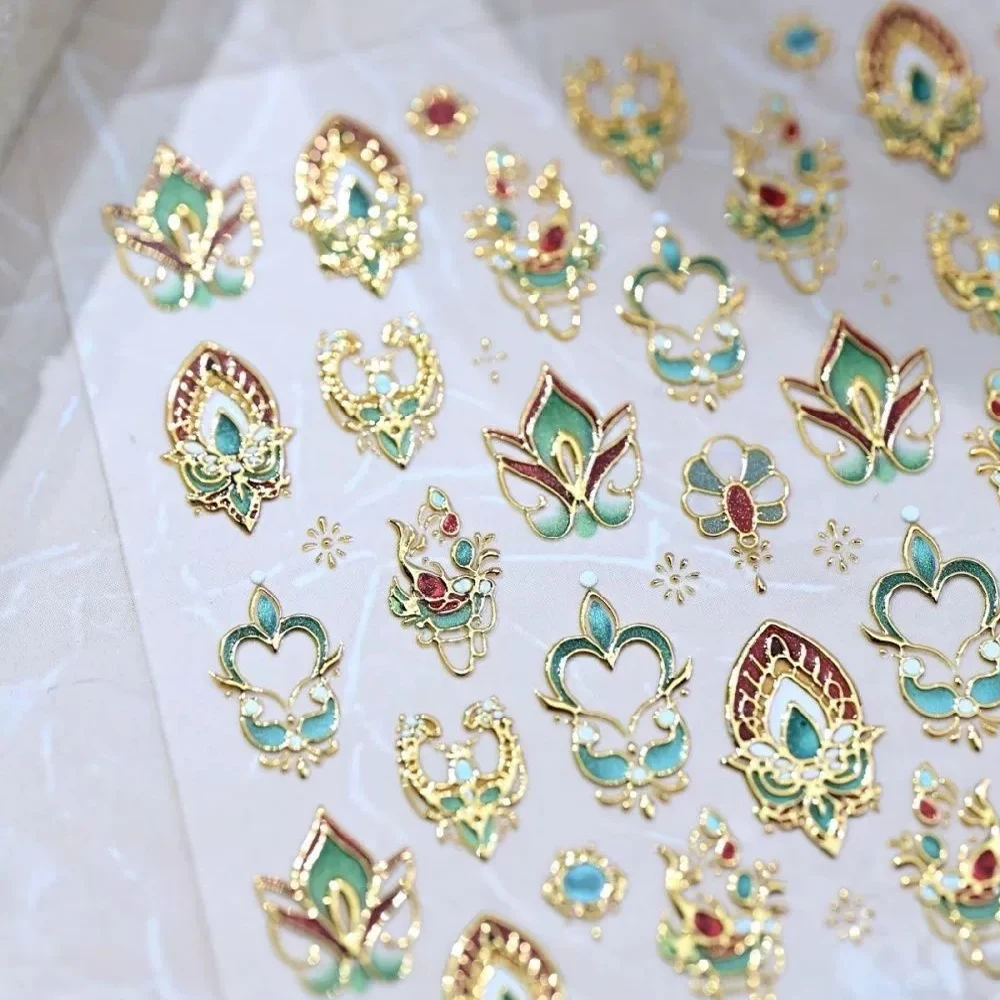 Pegatinas para decoración de uñas Dunhuang con estampado en caliente 5D, diseño de tótem de flor francesa elegante, calcomanías para uñas DIY, deslizadores de decoración de uñas de estilo chino