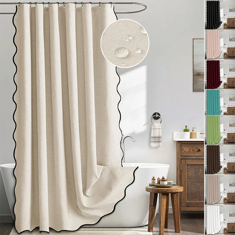 

Новая роскошная льняная шторка для душа 2026 года с черными металлическими крючками, водонепроницаемая и устойчивая к плесени, подходит для туалета и ванной комнаты