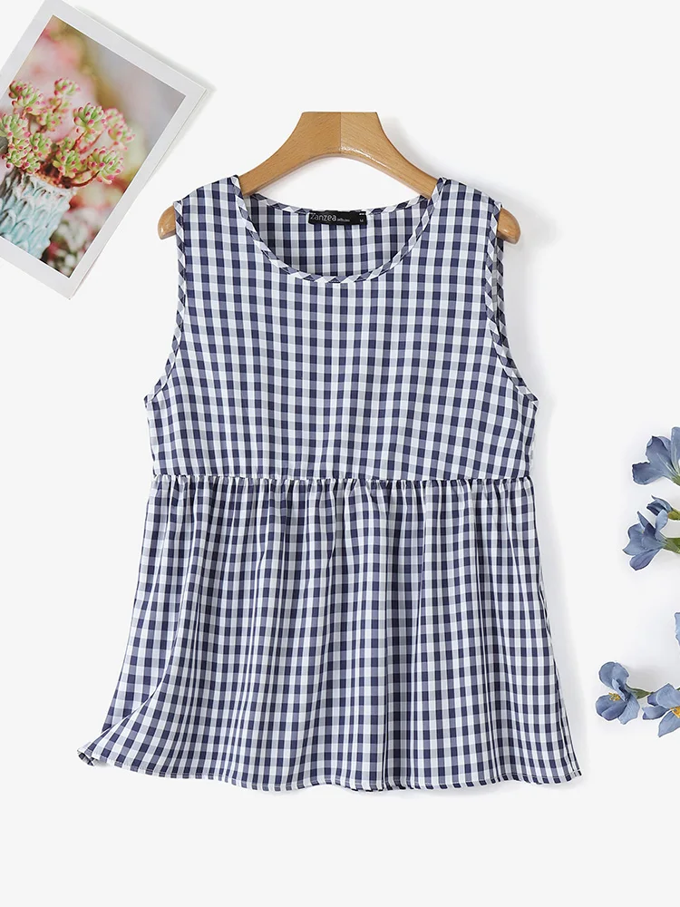 ZANZEA Checked Women Tees Ruffled Hem Vintage Casual Fashion camicetta percalle senza maniche Daily 2024 Summer Tanks O Neck tunica Tops