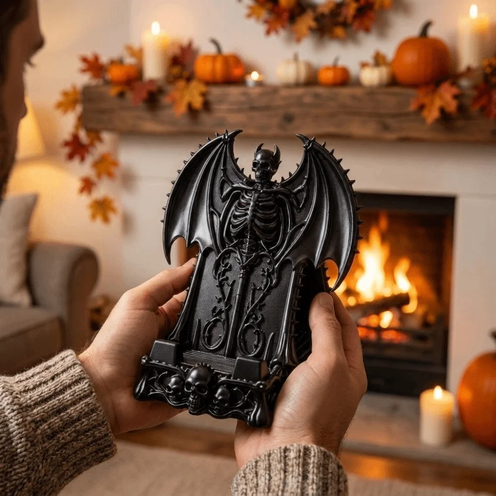 3D Printed Skull Phone Stand Spooky Dark Fantasy Cell Phone Holder Stable Plastic Devil Bat Phone Storage Rack Dorm Room