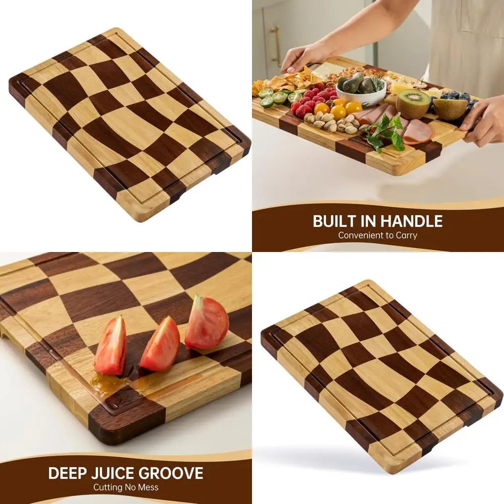 

Acaia Curved Checkered Wood Cutting Board with Juice Grooves and Handles, 16.5 x 11.6 x 0.8, Butcher Block Serving Tray, Gift Bo