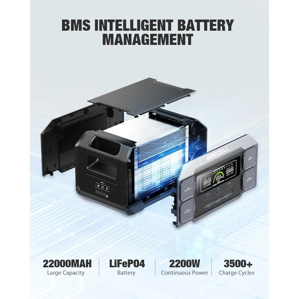 Portable Power Station 2200W Solar Generator 1126Wh LiFePO4 Battery Pack,1.25Hrs Fast Charging,with 4×2200W 4800WPeak AC Outlets