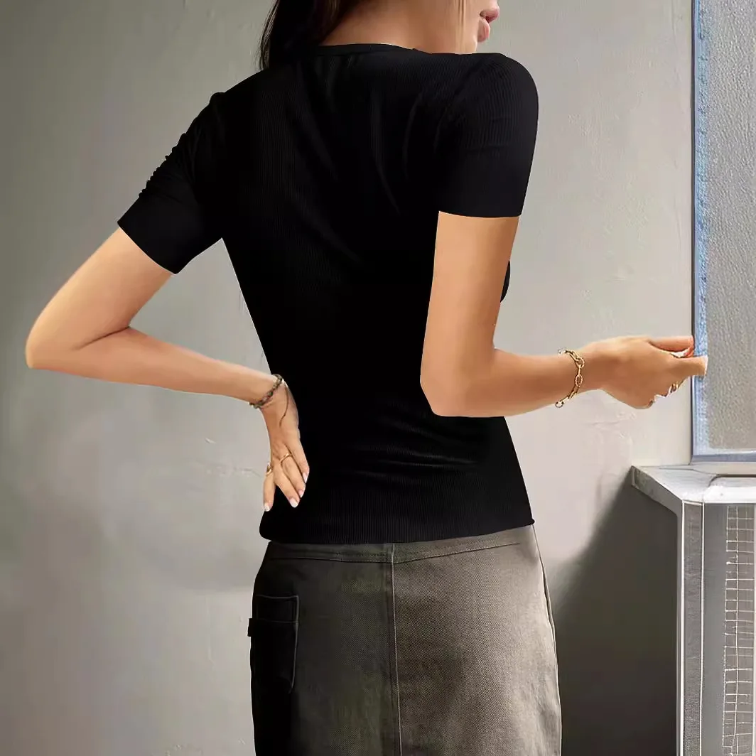 2024 Spring/Summer European and American Women's New Short sleeved Button Ribbed Slim Fit Knitted Shanshan YSS29-5