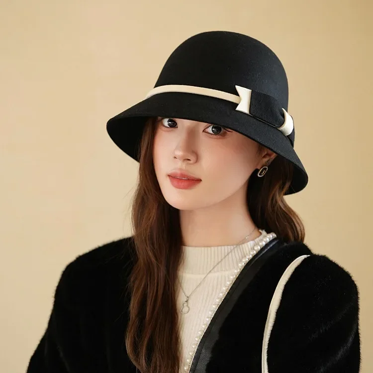 New small fragrant black and white decorated bow woolen fisherman hat women fashion elegant banquet bowler hat