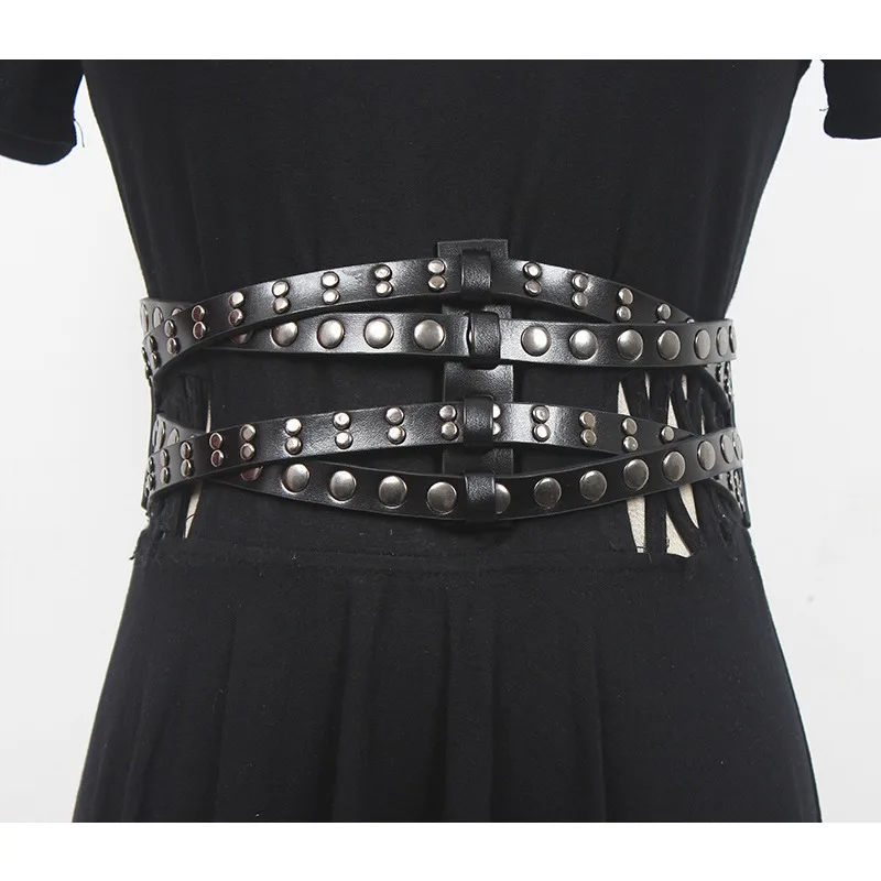 Dark Punk Vintage Versatile Elastic Wide Waistband for Women,Paired with Skirts Hollowed Out Leather Decoration Waist Belts