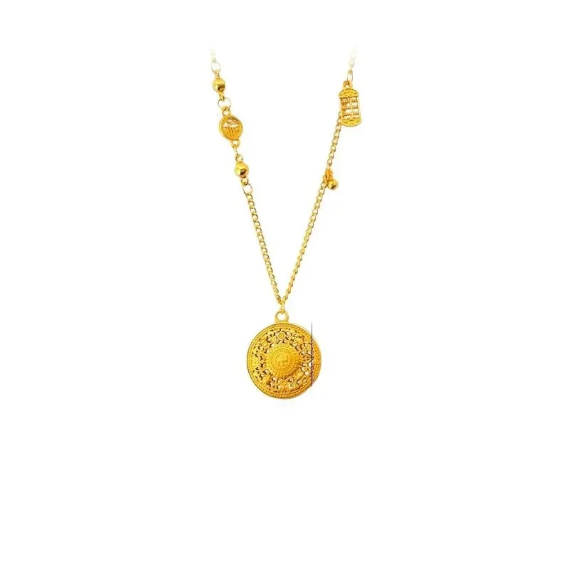 GoldEclat   Luxury 24K 9999 Pure Gold real gold Women's Barui Lucky Hollow Disc Pendant Clavicle Chain