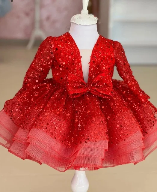 Light luxury girl Christmas dress sequins V-neck long sleeve birthday party princess skirt dress flower girl wedding dress 0-12