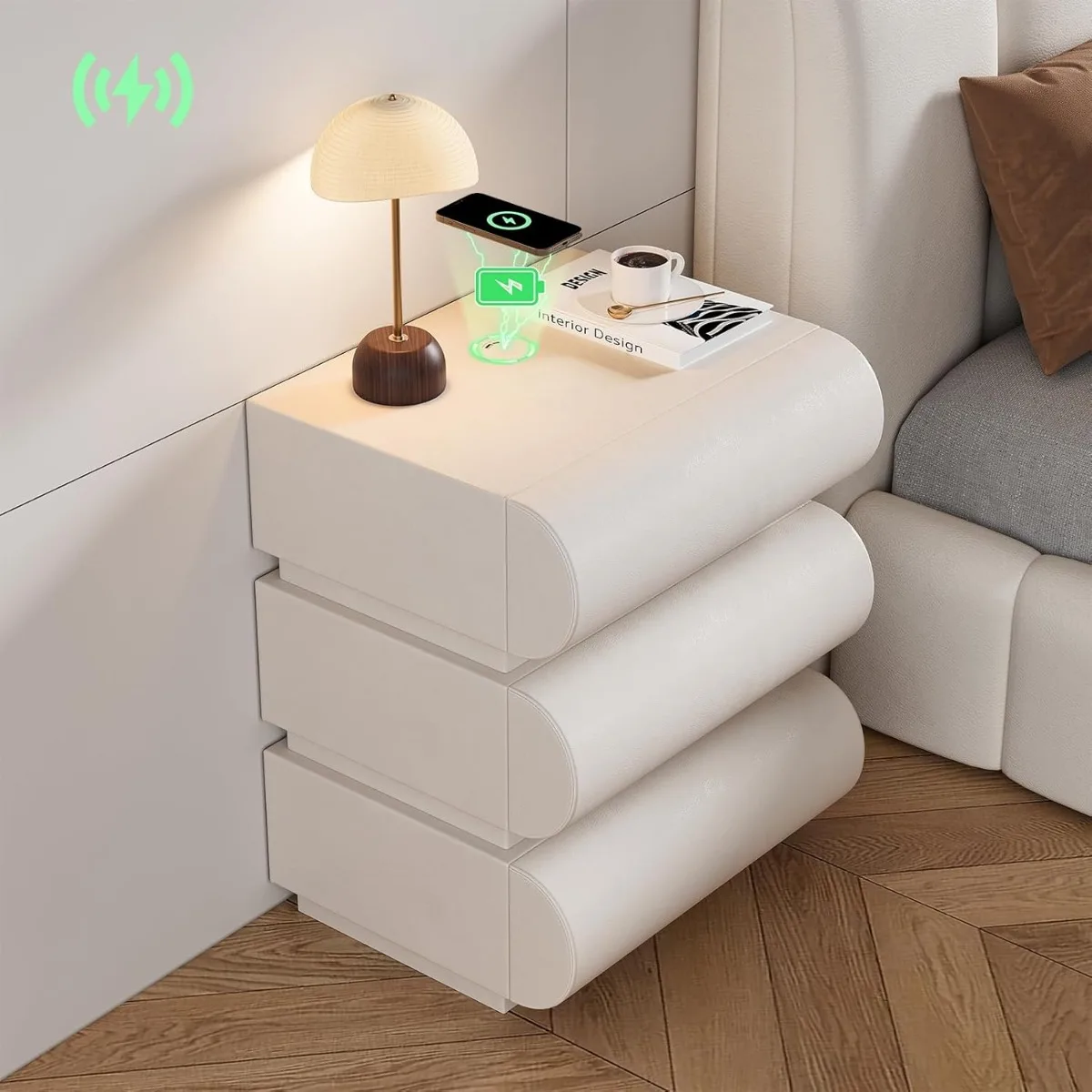 

Smart Nightstand with Drawers Modern White Leather Nightstands with Wireless Charger Bedside Table with 3 Drawers