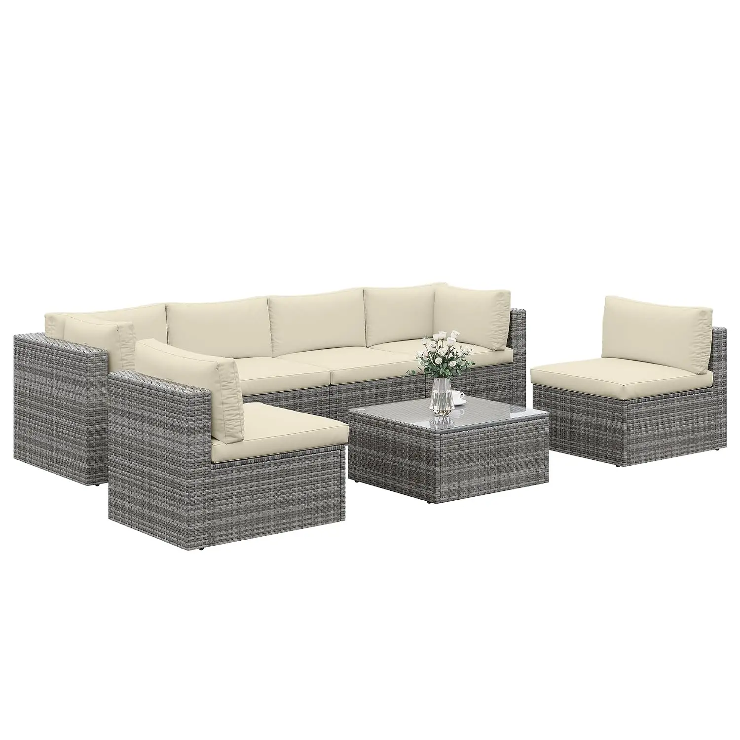 7 Piece All Weather PE Wicker Patio Sofa Set With Glass Table & Removable Cushions, Outdoor Garden Furniture, Customized