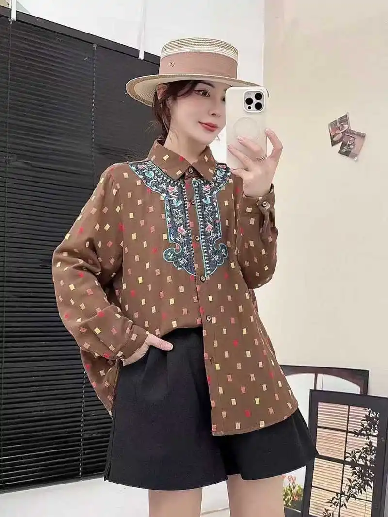 اليابانية خمر موري فتاة مكعب طباعة التطريز المرقعة تي شيرتات قطن المرأة الخريف رفض طوق كم طويل بلوزة غير رسمية