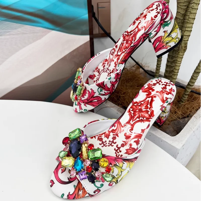 

Colorful Printed Leather Women Chunky Heels Sandals Multi Jewelry Gem Open Toe Slip On Female Slippers Outside Footwears