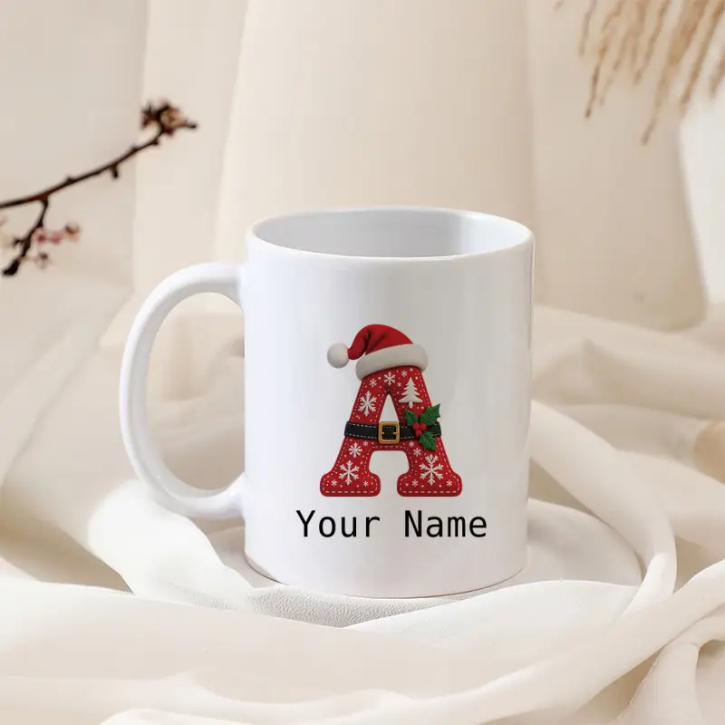 Custom Name/Text Christmas Letter A-Z Monogram Ceramic Mug Santa Hat Design Coffee Cup Personalized Xmas Birthday Holiday Gift