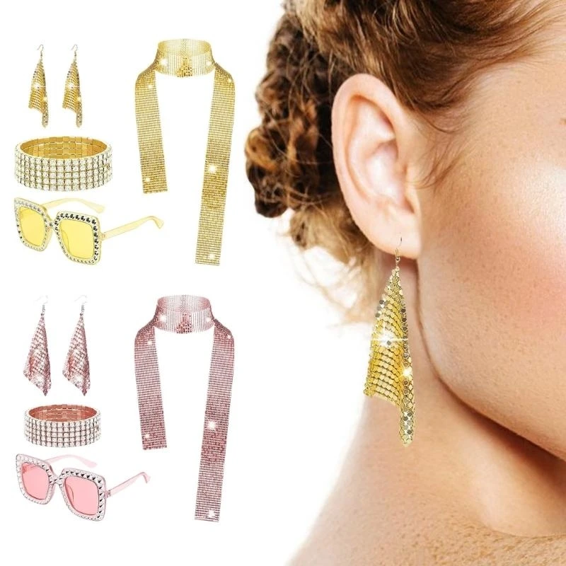 R1WE – ensemble déguisements Disco des années 70, chapeau scintillant, lunettes soleil longue écharpe,