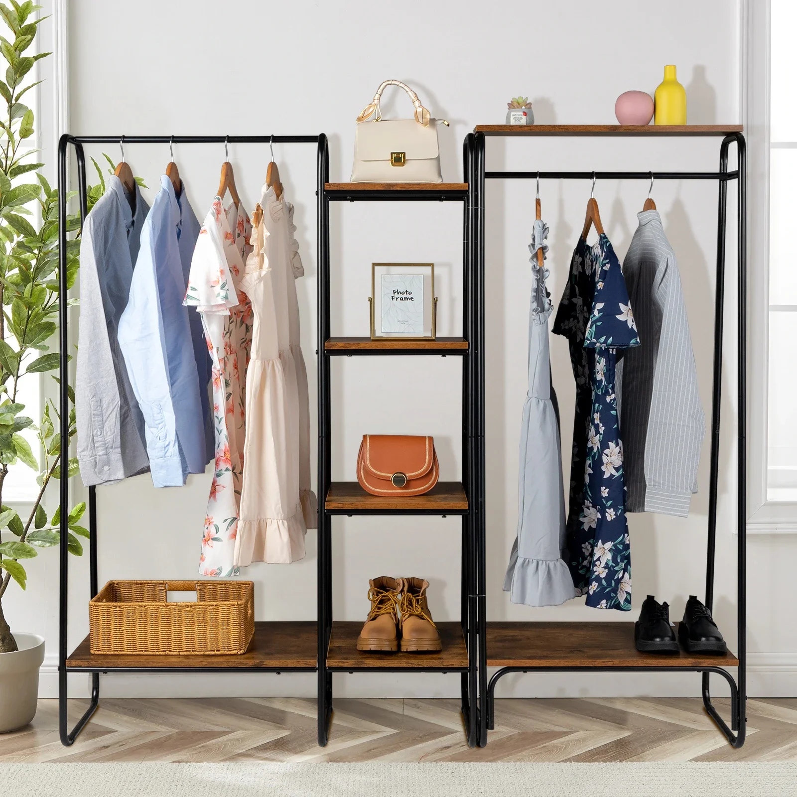

Clothes Rack with 5 Wood Shelf, Freestanding Clothing Rack，Garment Rack, Standing Metal Sturdy Clothing Rack, Black Wardrobes