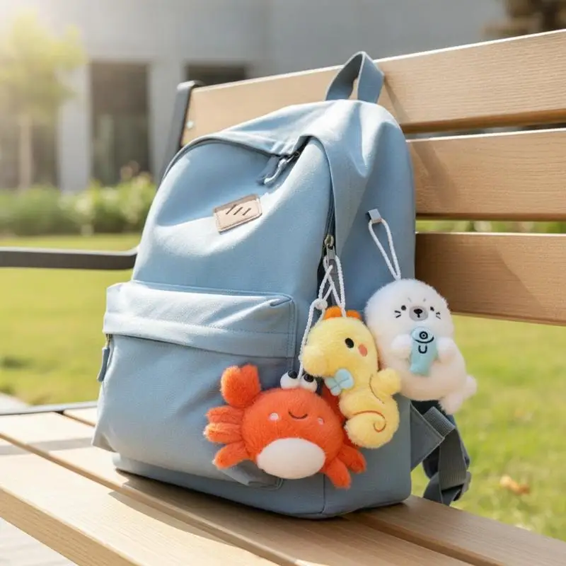 Ocean Animal Plush Keychain Shark Crab Seahorse Seal Mini Fluffy Doll Pendant Bag Hanging Ornament Key Car Decor Kid Gift