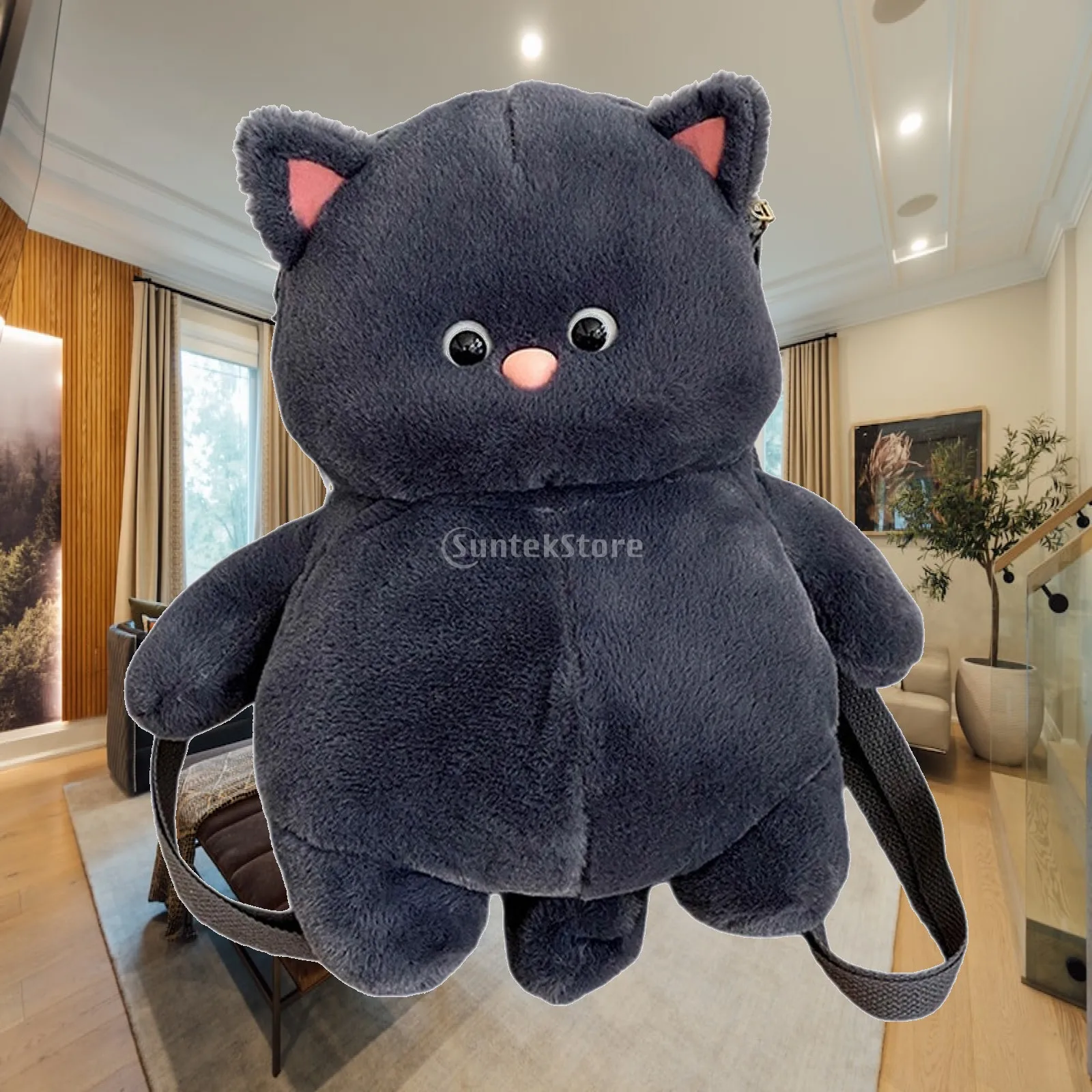 Soft Plush Cat Backpack for Girls Cute Stuffed Doll Daypack with Adjustable Straps Cartoon Animal Kids Travel Bag