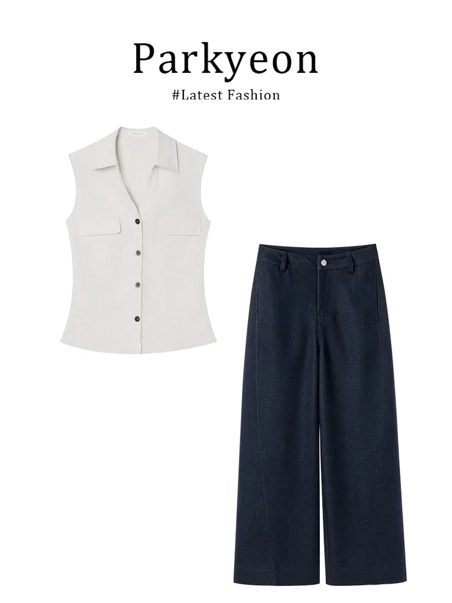 White Button-Up Casual Shirt And High Waist Loose Wide Leg Pants Two-Piece Set Korean Style Short Sleeve Turn-down Collar