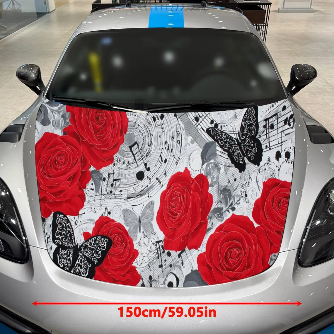 Rose Butterfly Music Element PVC Car Hood Wraps, Self-Adhesive Waterproof Car Bonnet Decal Sticker, Car Decoration Protection St