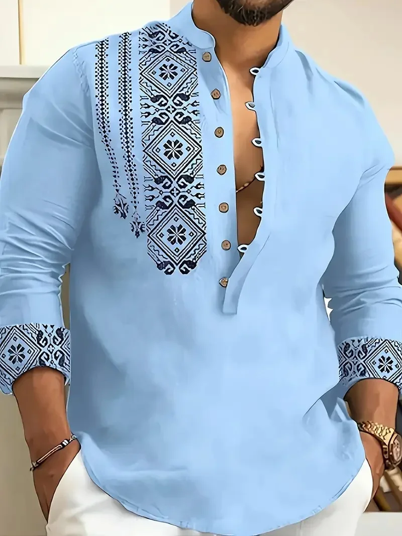 New Men's Casual Long Sleeve Henry Collar Linen Shirt Ethnic Print Men's Shirt High Quality Top For Daily Outing