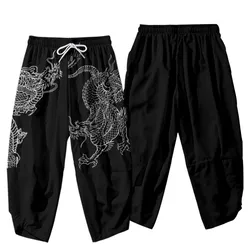 Cartoon Chinese Dragon Printed Black Men Japanese Harem Trousers Casual Elastic Waist Kimono Cropped Pants Streetwear