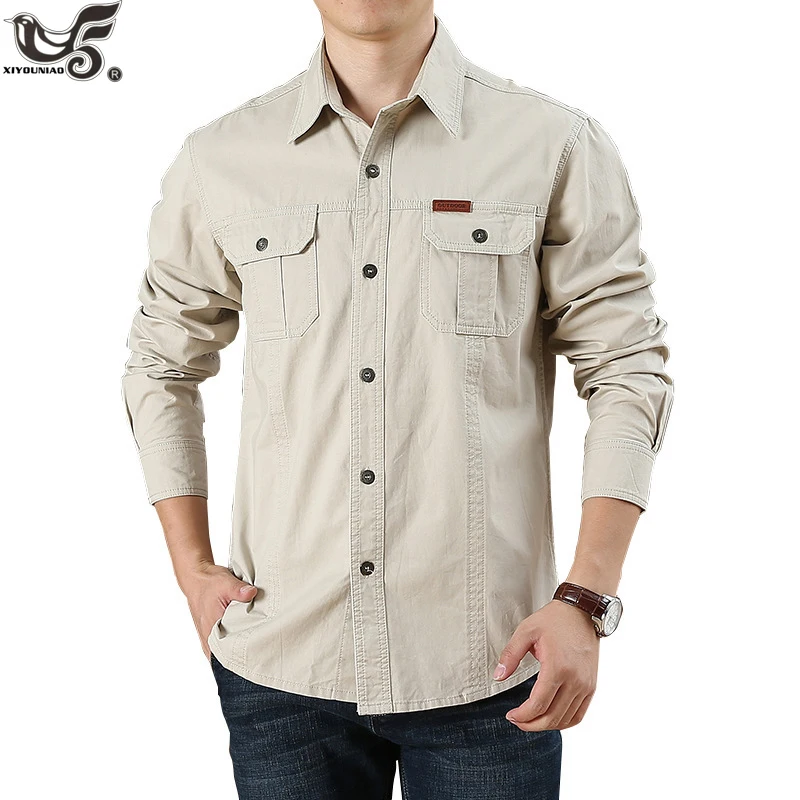 

Spring Autumn Military Denim Shirts Men Long Sleeve Shirts 100% Pure Cotton Casual Multi-pocket Tooling Cargo Shirt Men Clothing