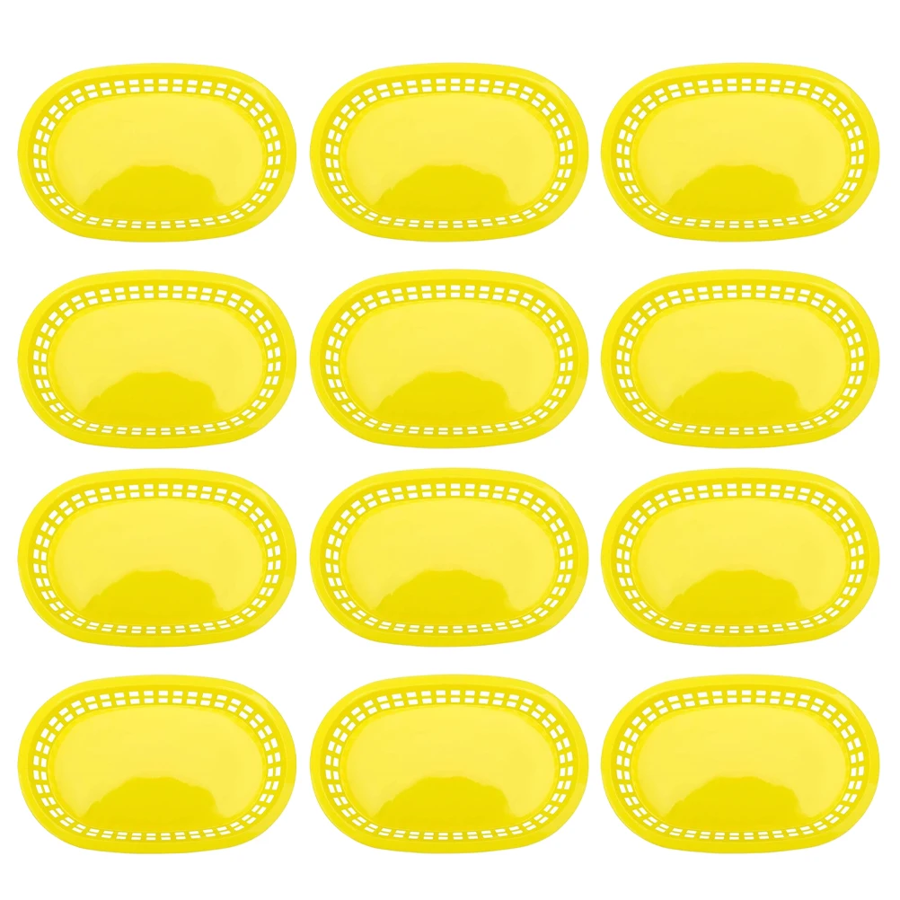 

12pcs Yellow Plastic Fast Food Oval Basket Basket Boat Shaped Fries Snack Container Fruit Bowl Kitchen Supplies
