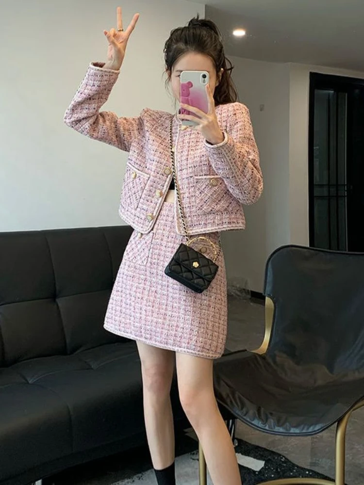 

Insozkdg Autumn Winter Skirt Suits Women's Pink Short Tweed Jacket + A-Line Skirt Suit Party Ladies High Quality Two Pieces Sets