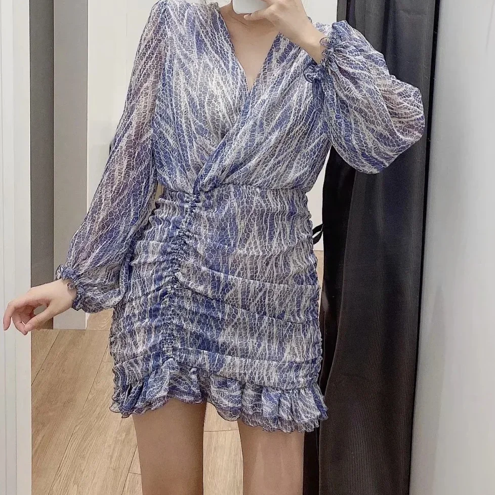 

2023 Sexy Mini Dress Women Snakeskin Print Draped V Neck Ruffle Dresses Fall Summer Sukienka Camiseta Manga Larga Mujer Clubwear