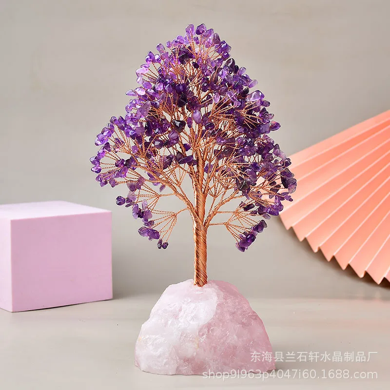 PYH  Crystal Money Tree Natural Rose Quartz Base Crushed Stone Copper Wire Tree of Life Office Decorative Ornaments