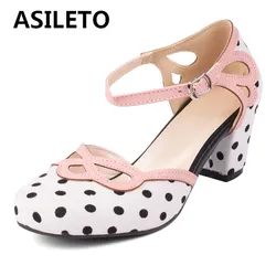 ASILETO Sweet Women Pumps Round Toe Block Heels 6cm Buckle Strap MIxed Color Dot Plus Size 41 42 43 Girls Concise Daily Shoes