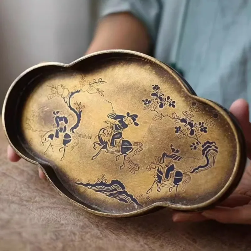 Retro Brass Hand-painted Pot Holder Tea Ware Storage Household Living Room  Decoration Crafts Tray Base Tea Ceremony Accessories