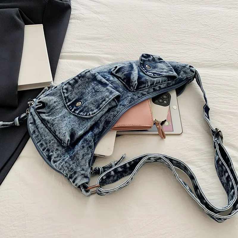 2026 Retro Denim Chest Bag for Women, Trendy Multi Pocket Crossbody Bag, Lightweight Cycling Casual Shoulder Pack for Travel