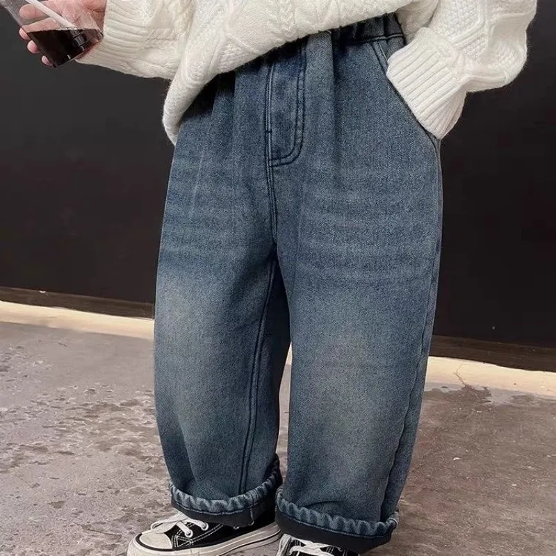 Boys' Plush Jeans Autumn/Winter New Children's Thick One piece Plush Straight Leg Casual Pants