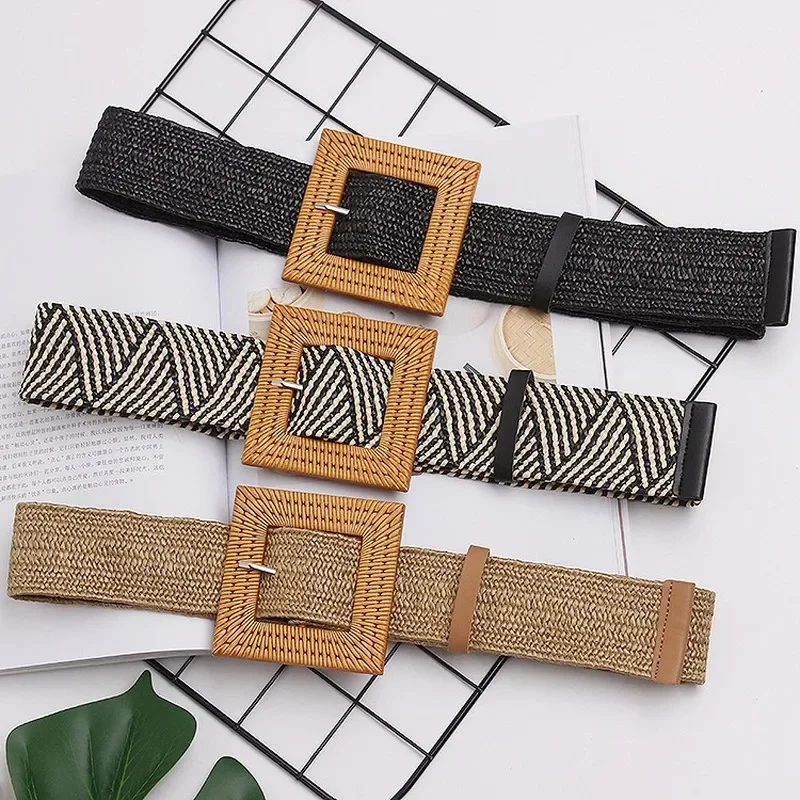 Women\'s Beach Bohemia Elastic Belt Girdle Square Bucklet Braided Summer Dress Women Korean Fashion Strap