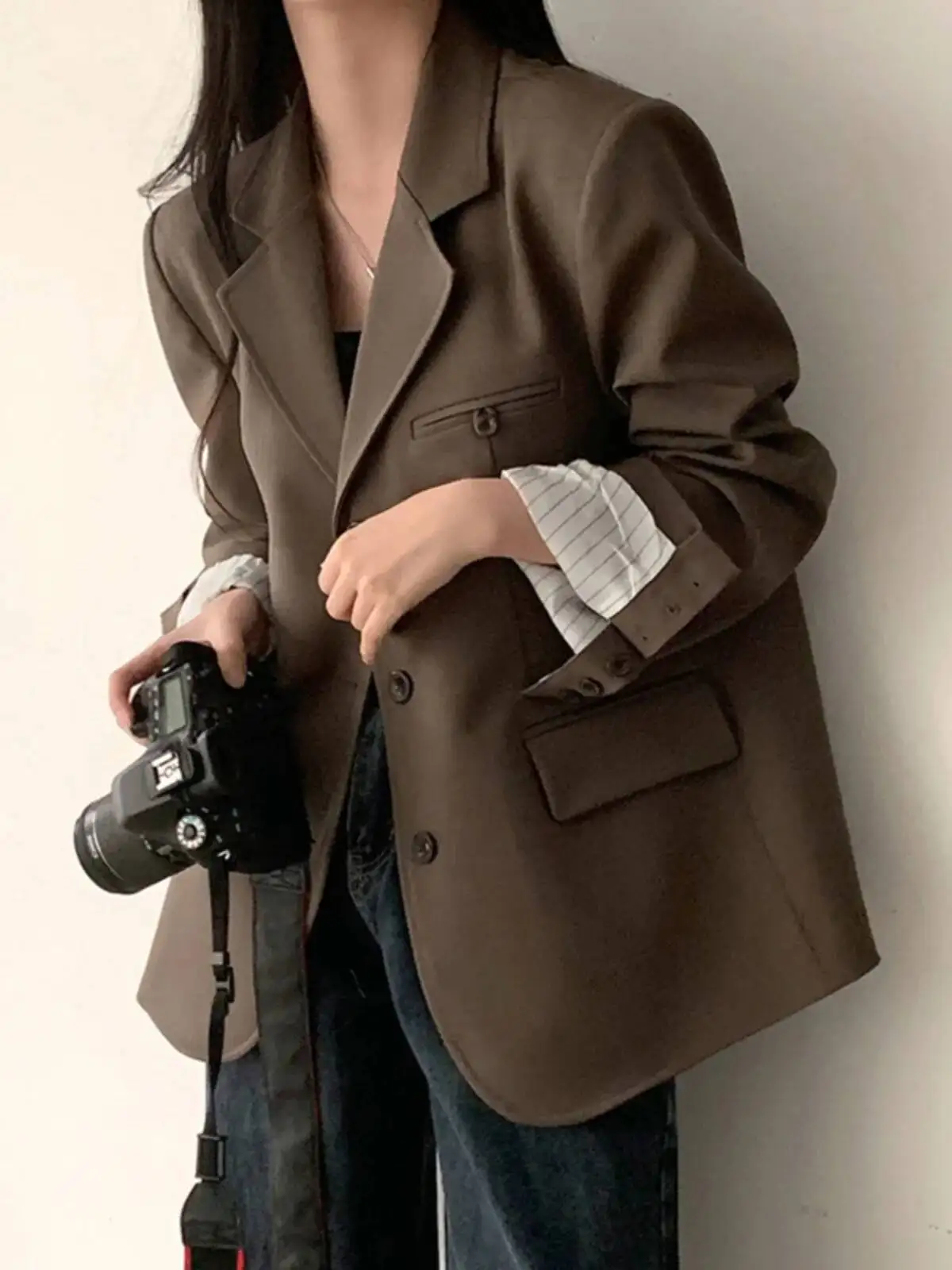 

Chic Early Spring Women's Suit Loose Long Sve Single Button Outerwear Khaki Color Versatile Casual Busin