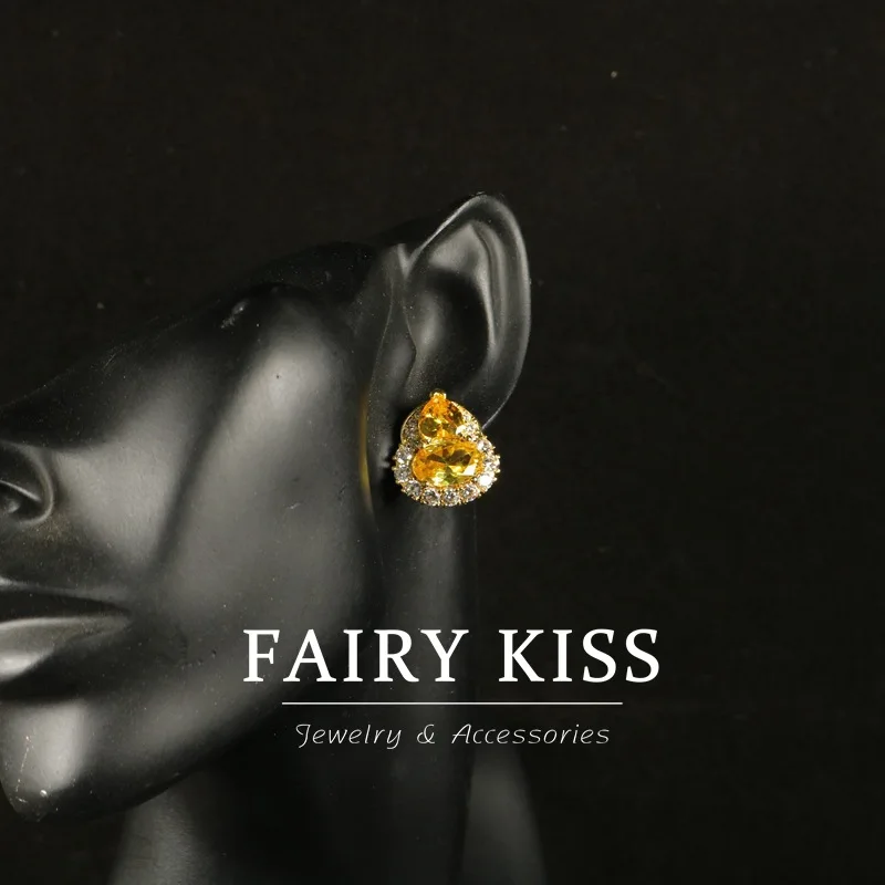 exquisite copper claw inlaid zircon gourd STUD earrings yellow handmade glass earrings 925 silver needle earrings