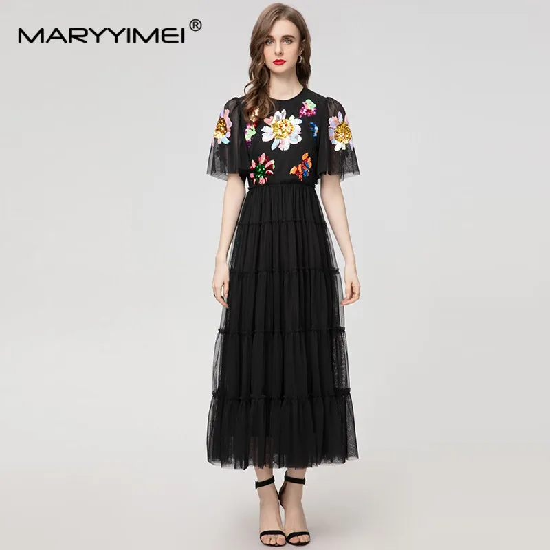 MARYYIMEI-Robe mi-longue à manches courtes et col rond pour femme, patchwork de paillettes, maille, oreille en bois, vintage, nouvelle mode