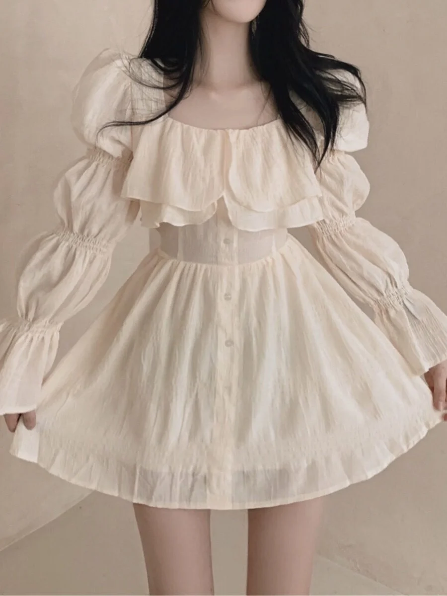 Slimming Princess Sleeve Ruffle Hem Dress Women's Chic Autumn Waist Cinched Fashionable A-Line Skirt Korean Style Streetwear