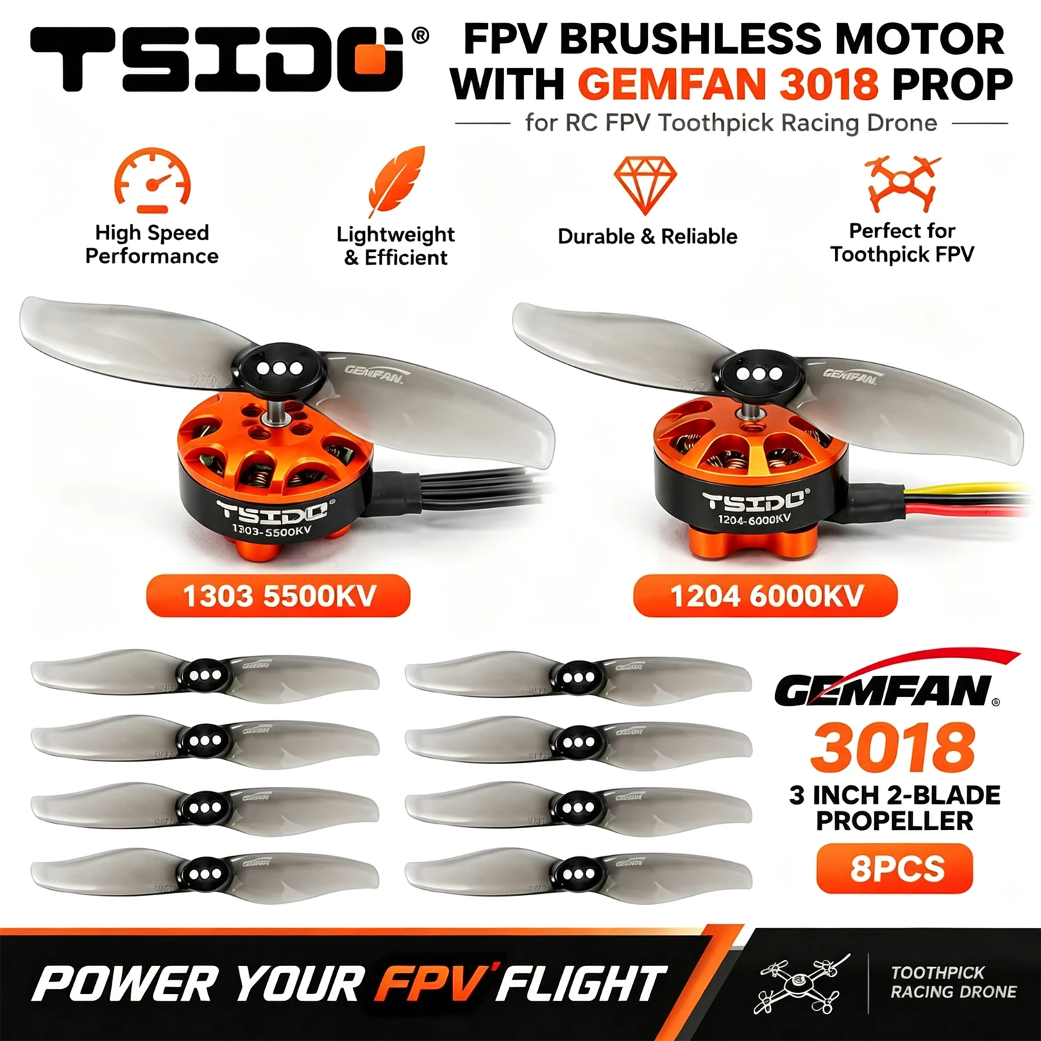 ysido-1303-5500kv-1204-6000kv-fpvブラシレスモーター、gemfan-3018-3インチ2枚羽根プロペラ付き。rc-fpvトイプックレーシングドローン用。