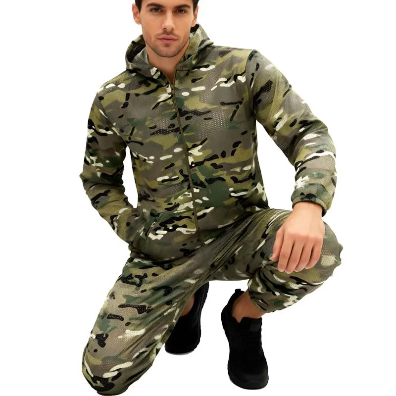 MC Camo Outdoor Mesh Hoodie Mosquito-Proof Set Adventure Camping Clothing Set Elastic Jackets Hiking Pants Men Trainning Suits