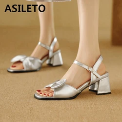 ASILETO 2024 New Peep Toe Round Women Sandals Big Bowtie 5.5cm Thick Heel Ankle Strap Big Size 44 45 46 Dress Silver White