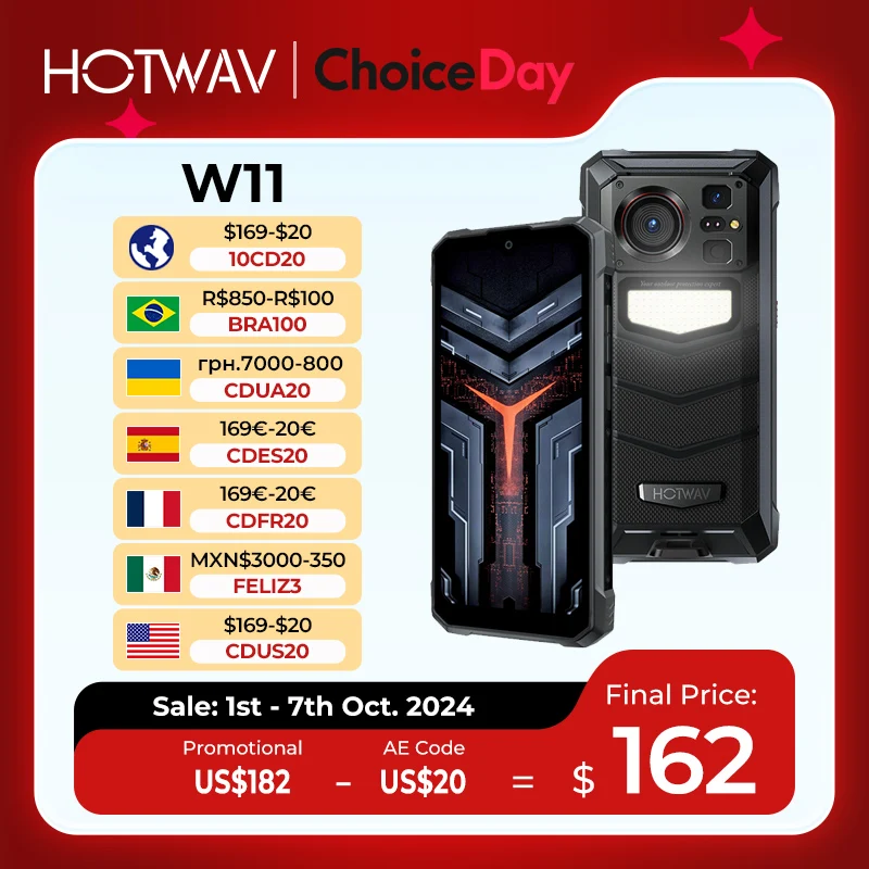 HOTWAV W11 러기드 휴대폰, 20800mAh, 280LM 손전등, 6.6 인치 FHD + 스마트폰, 33W, 24MP 야간 투시경, 월드 프리미어 