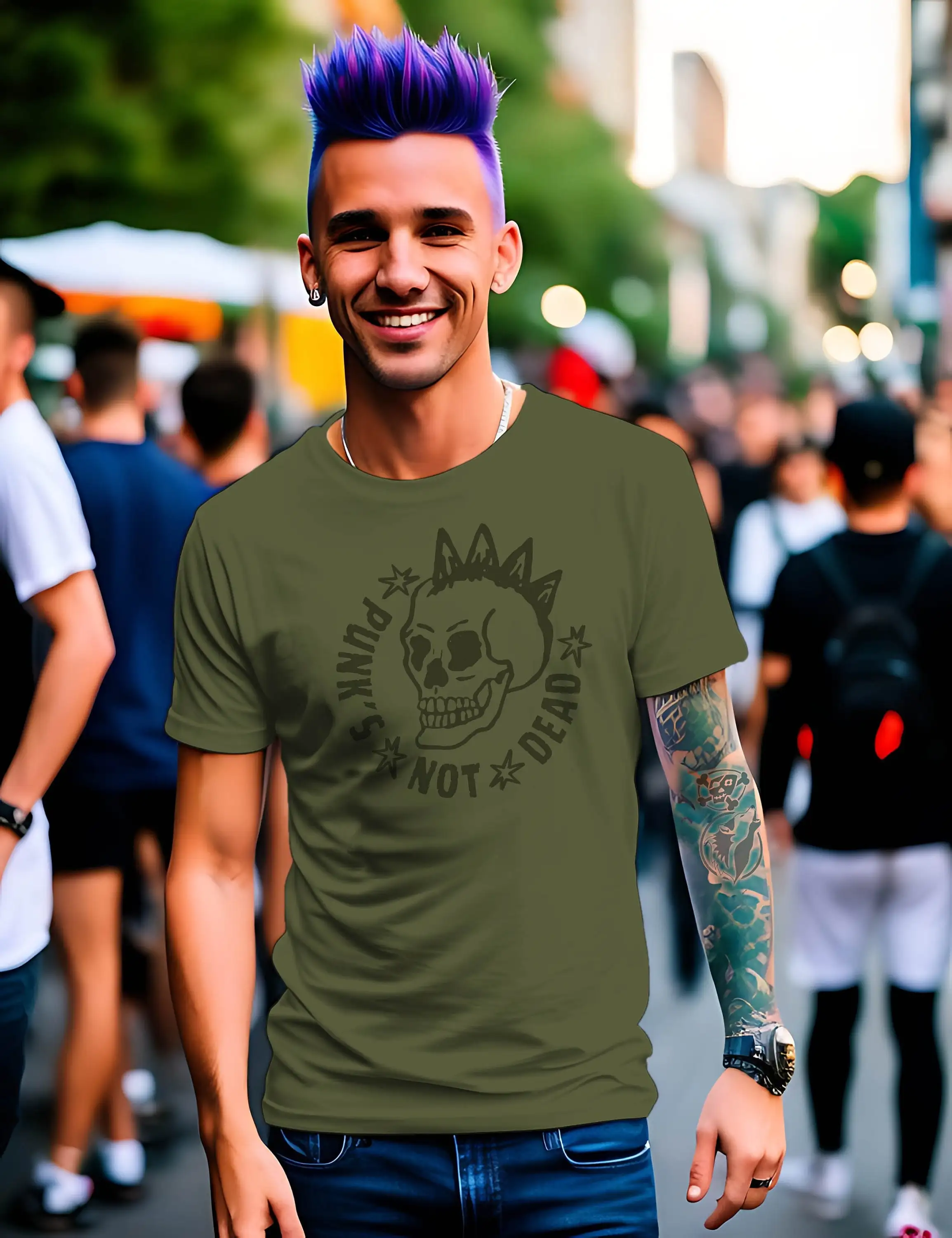 T Shirt Punk'S Not Dead Mit Totenkopf Irokese Spruch Motto Lebenseinstellung Punker Revolte Subkultur Anarchie Geschenk