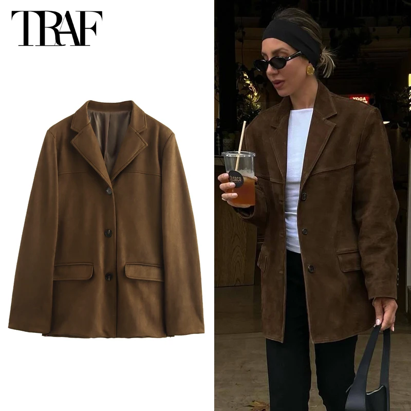 TRAF 2024 Office Long Blazer for Women Faux Deer Fur Straight Blazer Women Long Sleeve Button Women\'s Blazers Autumn Outerwears